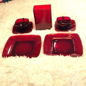Vintage Fire King Anchor Hocking Ruby red 7 piece square dinner ware set.